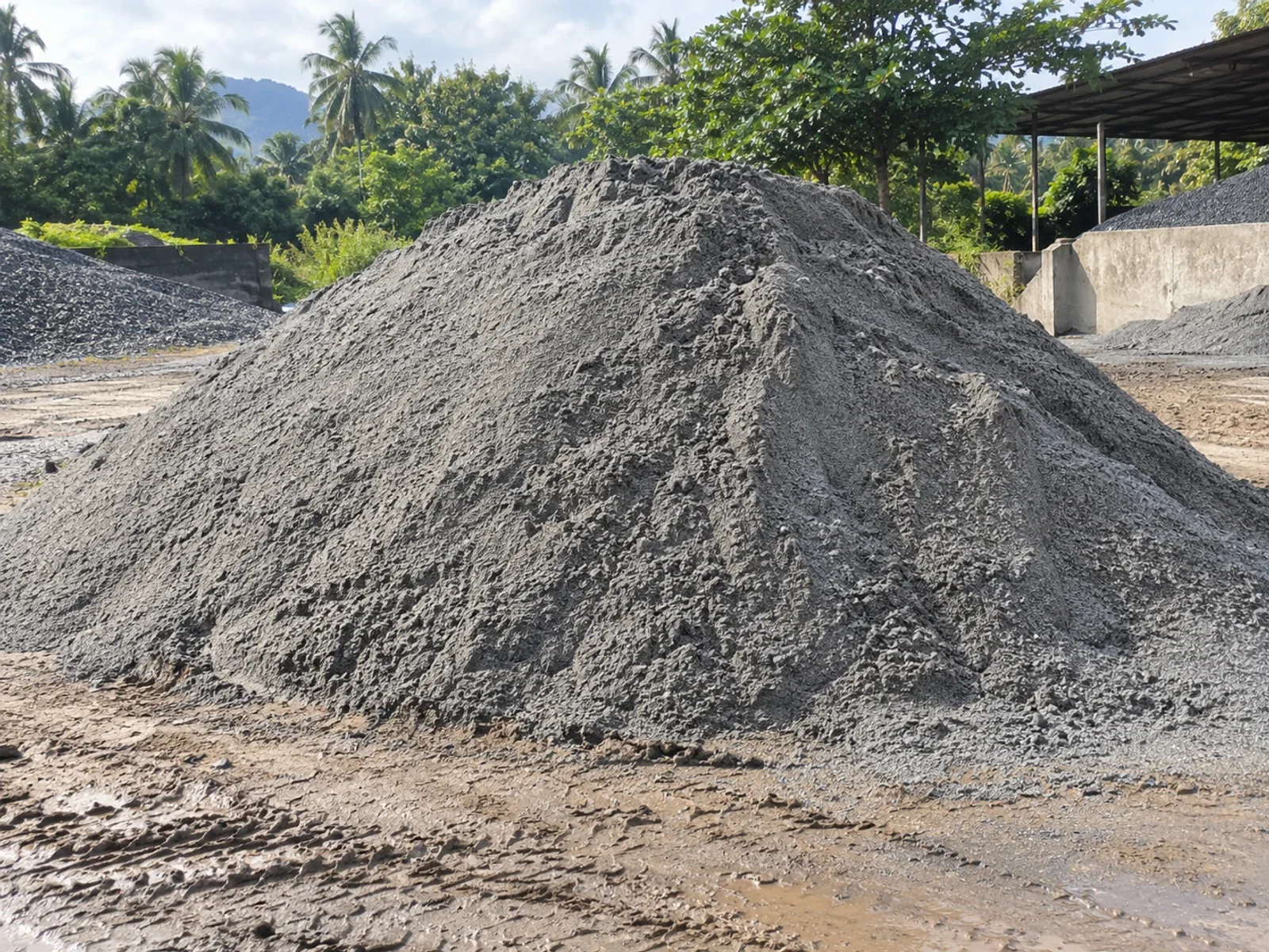 Large pile of gray manufactured sand in an outdoor material yard.