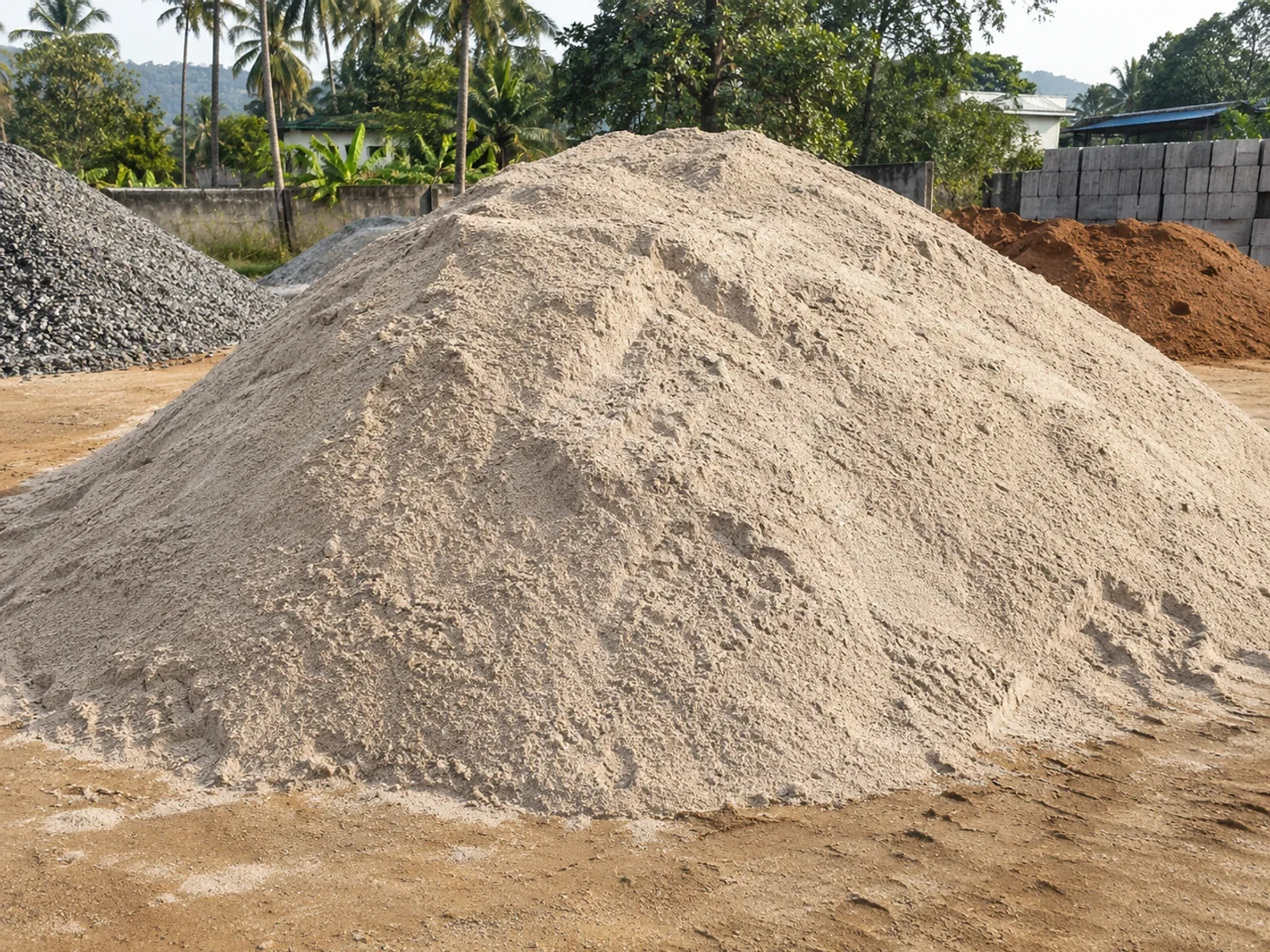 Large pile of fine plastering sand in an outdoor material yard.