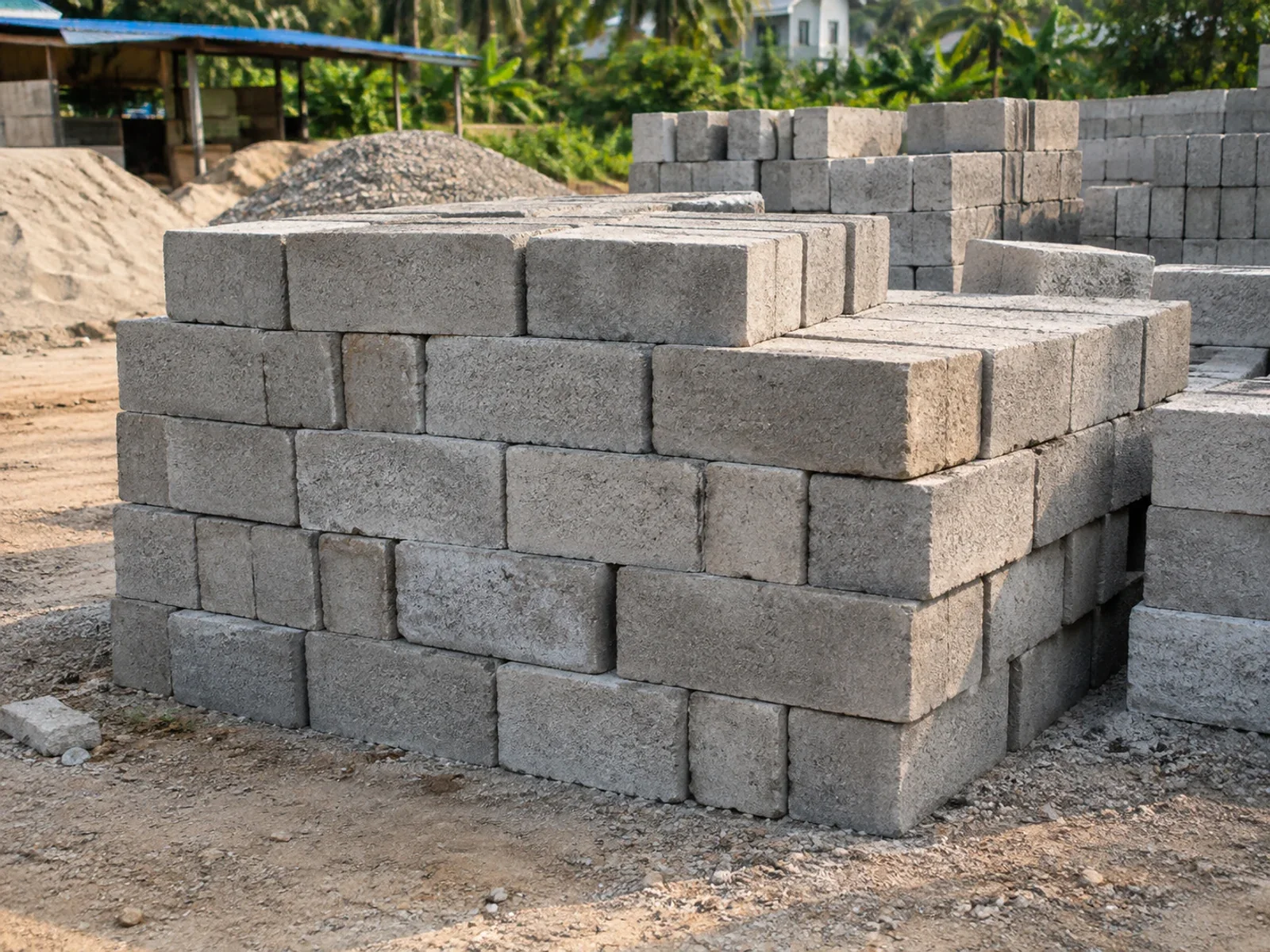 Stacks of solid concrete masonry blocks at a material yard.